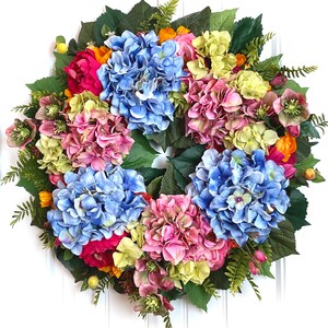 LISTO PARA ENVIAR - Corona de eucalipto floral y sembrada de primavera vibrante para la puerta principal - Corona colorida del jardín de flores de verano - Corona de Pascua