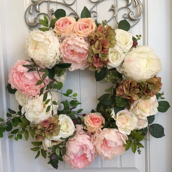 READY TO SHIP-Pink and White Peony Wreath-Spring Wreath-Summer Wreath-Front Door Wreath-Mother's Day Gift, All Seasons Wreath