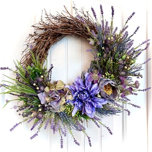 SOFORT LIEFERBAR - Kranz mit Lavendel und Hortensie für Haustür, Osterdekor, Frühlingskranz, Muttertagsgeschenk, Sommerkranz