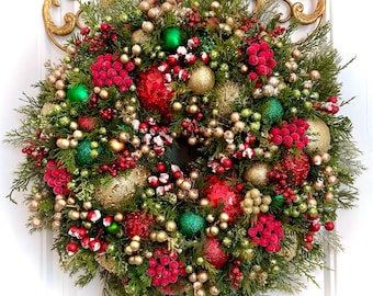 Red Green and Gold Christmas Ornament Heirloom Wreath for Front Door