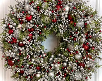 Burgundy & Silver Christmas Wreath | Glittery Holiday Door Decor