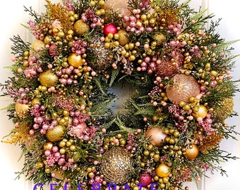 Gold & Pink Ornament Christmas Wreath | Elegant Holiday Decor