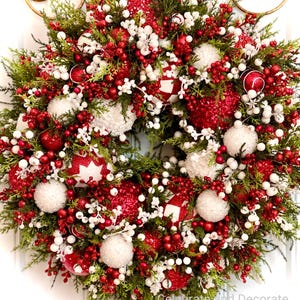 READY TO SHIP | Elegant Red and White Heirloom Christmas Checkered Striped Dotted Ornament Wreath for Front Door | Holiday Patterned Decor