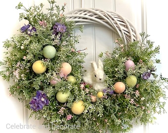 READY TO SHIP | Pink and White  Easter Bunny Wreath for Front Door | Spring Wreath | Wildflower Easter Egg Wreath | Braided Willow Wreath