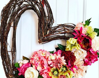 READY TO SHIP - Large Shades of Pink Floral Heart Shaped Valentines Day Wreath for Front Door, Pink Peony Rose Protea Hydrangea Decor