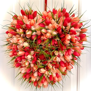 READY TO SHIP - Red, Coral, Pink and Cream Heart Shaped Spring Tulip Wreath for Front Door, Colorful Summer Tulip Wreath, Easter Wreath