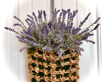 READY to SHIP - Lavender Spring Wreath for Front Door, Spring Floral Basket, Purple Easter Decor, Summer Wreath, Green Moss Wall Basket