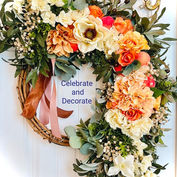 READY TO SHIP | Peaches and Cream Floral All Season Wreath for Front Door | Coral Magnolia Hydrangea Wreath. | Fall Peony Rose Olive Wreath