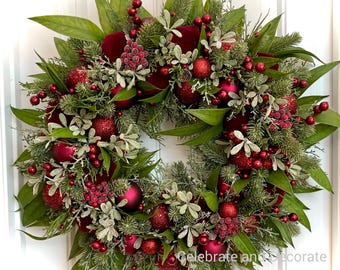 Elegant xl Burgundy Heirloom Christmas Ornament Wreath for Front Door READY TO SHIP Holiday Decor Winter Holiday Faux Pine and Berry Wreath
