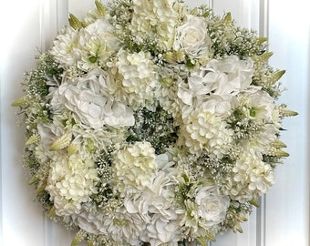 READY TO SHIP | Creamy White Cottage Garden All Season Wreath for Front Door | Summer Floral Wreath | Spring Daisy Dahlia Hydrangea Wreath