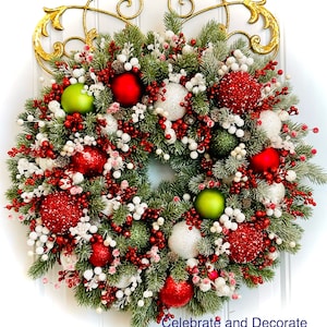 Mooie rood groene en witte kerst ornament erfstuk krans voor voordeur KLAAR voor verzending winter faux grenen krans elegante vakantie decor