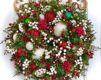 Beautiful Red Green and White Christmas Ornament Heirloom Wreath for Front Door