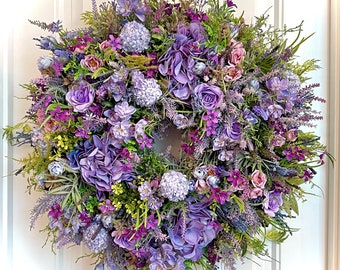 READY TO SHIP | Ethereal Purple Wildflower Cottage Garden Wreath for Front Door | Lavender Hydrangea Spring Wreath | Summer Floral Decor