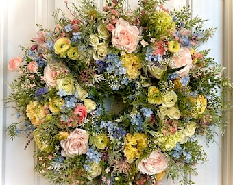 READY TO SHIP | Pastel Spring and Summer Cottage Garden Wreath for Front Door | Light Pink Blue Lavender Yellow Poppy Rose Floral Wreath