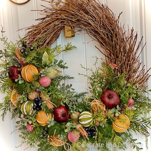 READY TO SHIP | All Season Dried Fruit, Berries and Cinnamon Stick Wreath for Front Door | Rustic Dried Pomegranate, Orange and Lime Wreath