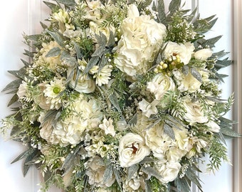 READY TO SHIP | Creamy White Cottage Garden All Season Wreath for Front Door | Summer Floral Wreath | Spring Daisy Hydrangea Rose Wreath