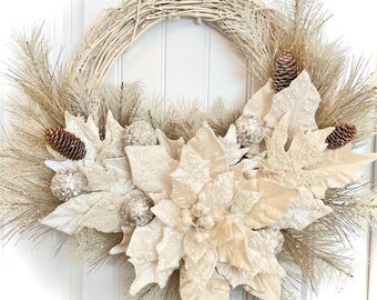 READY TO SHIP - Elegant Champagne Poinsettia and Berry Christmas Wreath for Front Door, Christmas Wreath, Beaded Velvet Poinsettia Wreath,