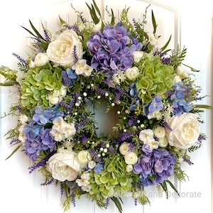 READY TO SHIP | Purple White and Green Cottage Garden Wreath for Front Door | Summer Floral Wreath | Shabby Chic Hydrangea Decor Wreath