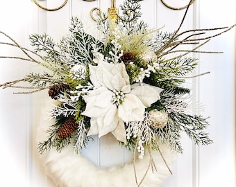 Elegant Faux Fur White Snowy Christmas Ornament Wreath for Front Door Ready to Ship Winter Pine Cone Decor Holiday White Poinsettia Wreath