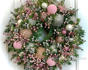 READY TO SHIP | Pink and Silver Heirloom Christmas Wreath for Front Door | Holiday Ornament and Berry Wreath | Elegant Christmas Decoration