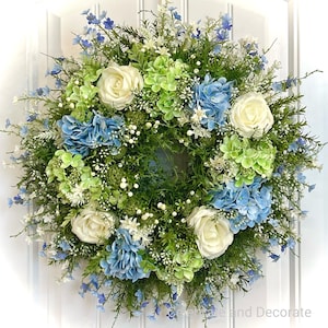 READY TO SHIP | Beautiful Blue Green and White Summer Cottage Garden Floral Wreath for Front Door | English Garden Hydrangea Rose Wreath