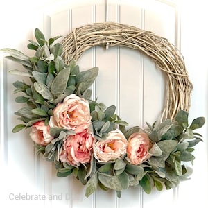 READY to SHIP | Lambs Ear and Blush Floral Spring Wreath for Front Door | Soft Pink Peony Summer Decor | Pink Shabby Chic Wreath