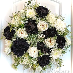 READY to SHIP | Elegant Black and White Floral Wreath | Spring Summer Wreath for Front Door | Wedding Decor | Hydrangea Peony Dahlia Wreath