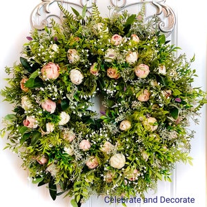 READY TO SHIP | Romantic Pink Floral Wreath for Front Door | Pink Wildflower Wreath | Eucalyptus, Fern, Boxwood Greenery All Season Wreath
