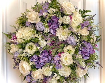 READY TO SHIP | Purple and Creamy White Cottage Garden Wreath for Front Door | Wildflower Wreath | Hydrangea Dahlia Rose Summer Wreath