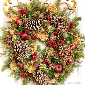 Dried Fruit Spice and Nut Christmas Wreath for Front Door | Holiday Natural Pomegranate Lime Orange Pine Cone Natural Decor