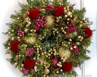 Gold and Burgundy Christmas Wreath | Elegant Holiday Front Door Decor
