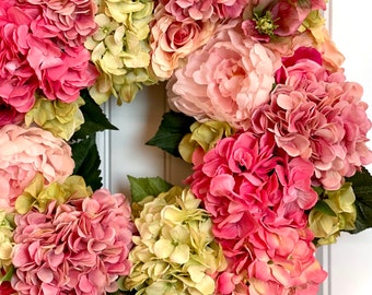 READY TO SHIP | Lovely Pink and Green Floral Summer Wreath for Front Door | Spring Hydrangea Wreath | Pink Peony Wreath | Floral Door Decor