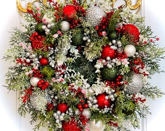 Gorgeous Red Green and Silver Christmas Ornament Heirloom Wreath for Front Door READY TO SHIP Winter Faux Pine Wreath Elegant Holiday Decor