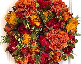 READY TO SHIP | Vibrant Deep Red Orange and Gold Summer and Fall Floral Wreath for Front Door | Elegant Lush Hydrangeas Peony Roses Wreath