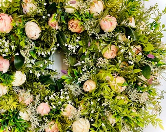 READY TO SHIP | Romantic Pink Floral Wreath for Front Door | Pink Wildflower Wreath | Eucalyptus, Fern, Boxwood Greenery All Season Wreath