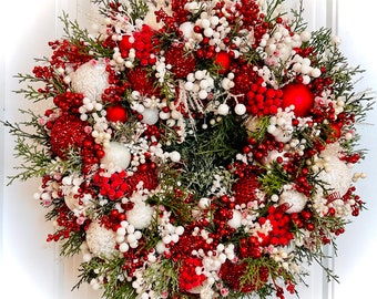 Red and White Christmas Ornament Wreath | Elegant Holiday Front Door Decor