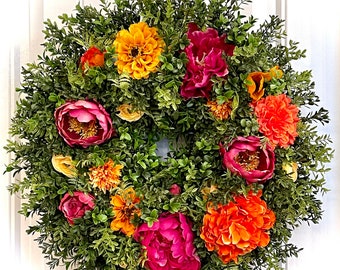 READY to SHIP - Vibrant Orange, Fuchsia and Yellow Summer Floral Wreath for Front Door | Boxwood Hydrangea Wreath | Colorful Floral Wreath