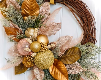 Christmas Ornament Wreath for Front Door READY TO SHIP Pink and Gold Holiday Decor Magnolia Leaves Pine Cone and Berries Christmas Wreath