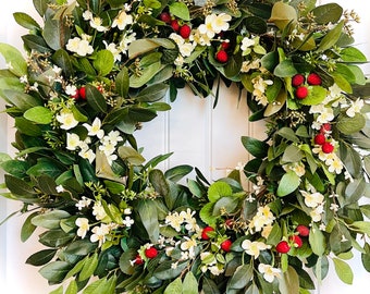 READY to SHIP - Stunning Spring Floral Wreath for Front Door - Summer Greenery Wreath - Red Raspberry Wreath - Cream Floral Everyday Wreath