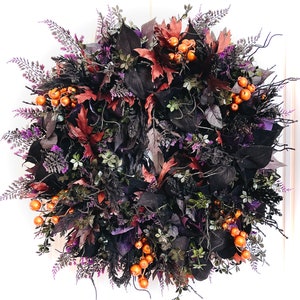 OOAK Spooky Halloween Greenery Berry Wreath for Front Door Ready to Ship Fall Decor Spooky Black Purple Orange Floral Halloween Decoration