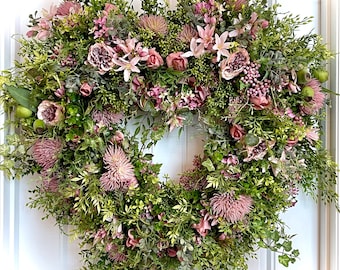 READY TO SHIP | Stunning Dusty Rose Floral  Heart Shaped Cottage Garden Wreath for Front Door | Romantic Antique Pink Spring Summer Decor