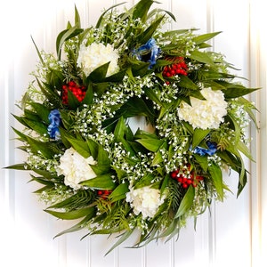 READY TO SHIP - Red White and Blue Patriotic Wreath for Front Door, Independence Day Door Decor, 4th of July Decoration, Summer Wreath