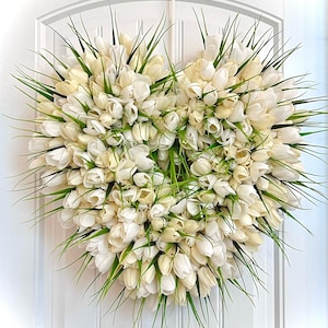 READY TO SHIP Gorgeous White Tulip Heart Wreath for Front Door | Spring Wreath | Summer Wreath | Elegant Wedding Decor | Mothers Day Gift