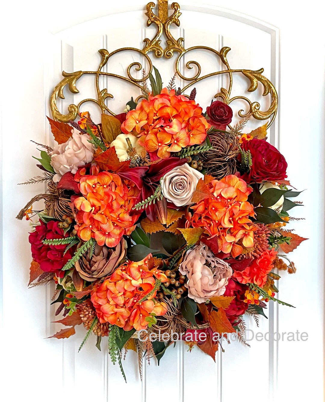 Floral Fall Wreath for Front Door | Orange Hydrangea, Pumpkin & Berry ...