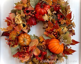 Sunflower Pumpkin Fall Wreath | Bountiful Harvest Front Door Decor