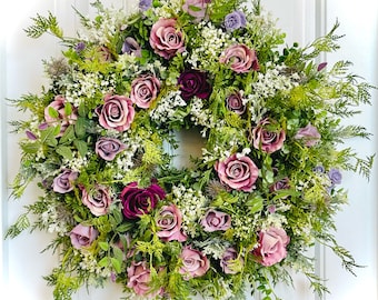 Lavender Rose English Garden Wreath for Front Door READY TO SHIP Light Purple Valentine Decor Large All Season Babys Breath Greenery Wreath