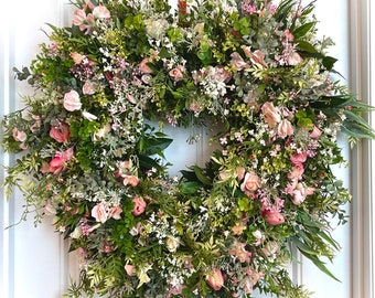 READY TO SHIP | Delicate Pink and White Floral  Heart Shaped Cottage Garden Wreath for Front Door | Romantic Blush Spring Summer Rose Decor