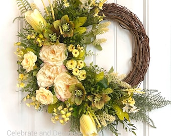 READY TO SHIP | Large Sunshine Yellow Floral Wreath for Front Door | Spring Summer Cottage Rose Wreath | Easter Decoration | Tulip Wreath