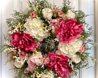 READY TO SHIP | Cottage Garden Pink and White Spring Floral Wreath for Front Door | Elegant Summer Hydrangea Wreath | Fuchsia Peony Wreath