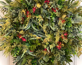 READY to SHIP | Lush Mixed Greenery Wreath with Hints of Vibrant Orange Fuchsia and Yellow Blooms for Front Door | Spring and Summer Decor